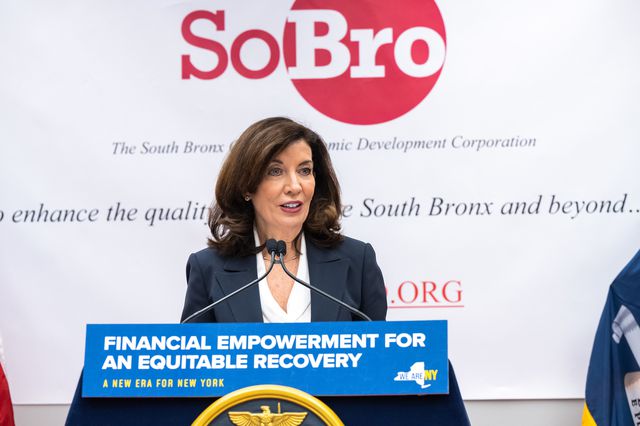 Gov. Kathy Hochul speaks at an event in the Bronx about lending to women- and minority-led businesses